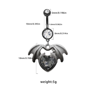 Detailed view of Gothic black spider bat belly ring with size and weight parameters