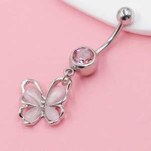 Pink crystal butterfly belly button ring with silver surgical steel curved barbell