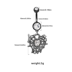 Macro shot of gun-black spider web belly ring with zircon and precise size details