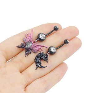 Gothic Black Halloween Navel Piercing Jewelry Zinc Alloy Rhinestone Spider Ghost Bat Butterfly Heart Belly Rings For Women Men Punk Accessory