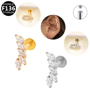 F136 titanium marquise zircon stud earring set with internal thread design for piercing