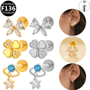 G23 F136 Titan Labret Lippenstecker Mit Innengewinde Strass Schmetterling Herz Vierblättriges Kleeblatt Stern Piercing Schmuck