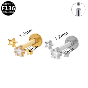 F136 Titanium three-star stud earring with zircon inlay for cartilage piercing