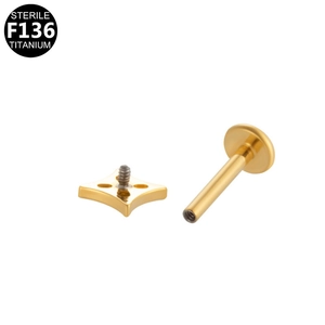 Detail of gold F136 titanium labret stud with internal thread and star zircon top