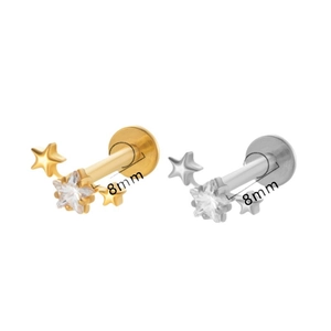 F136 titanium labret stud with zircon stars in gold and silver finish, 8mm length