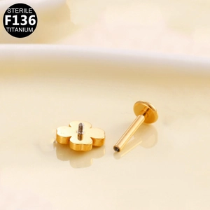Poliertes G23 Titan Gold Kleeblatt Labret Stecker mit Innengewinde für Piercings