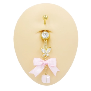 Golden belly button ring with zircon butterfly, pink ribbon bow, and crystal pendant