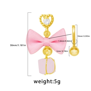 Detailed size chart showing pink bow belly button ring dimensions with 30mm total length