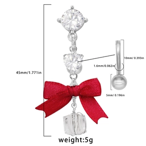 Detailed size chart for red bow belly button ring with silver steel and clear zircon stones