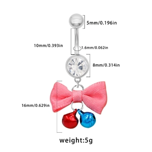 Detailed view of navel ring specifications with pink bow and colorful bells charms