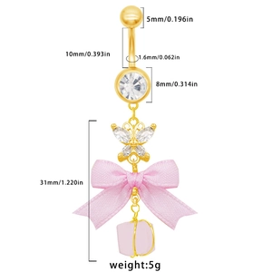 Detail showing the 5g weight and 31mm length of the golden bow dangle belly ring