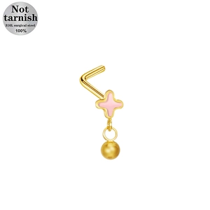 Piercing per naso a L in acciaio chirurgico con quadrifoglio rosa e pallina d'oro