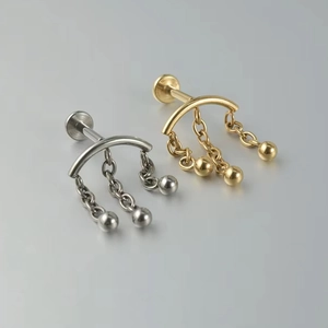 F136 titanium tassel stud earrings with ball pendants in silver and gold finishes