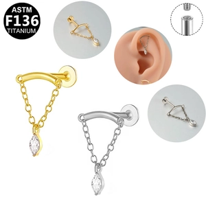 ASTM F136 titanium labret with marquise zircon, dangling chain, and internal threading
