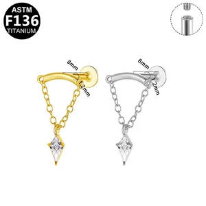 G23 titanium kite zircon labret stud with chain in gold and silver finish