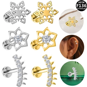 ASTM F136 Titanium Lip Piercing Zirconia Snowflake Flower Labret Stud Internally Threaded Ear Cartilage Piercing Jewelry For Men Women