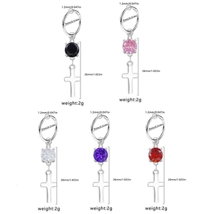 Five colored stainless steel cross pendant hoop earrings with detailed size measurements