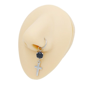 Stainless steel nose ring hoop with black zircon and hanging cross pendant charm