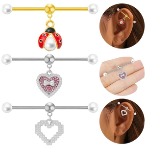 Titanium Steel Industrial Barbell Earring With Ladybug Heart Pendant Faux Artificial Pearl Pink Zirconia Piercing Jewelry For Women