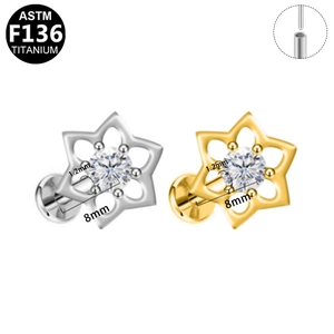 ASTM F136 titanium snowflake stud earring with zircon inlay in silver and gold finish
