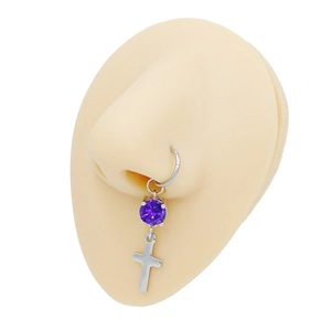 Stainless steel nose hoop with purple zircon and cross pendant on silicone model