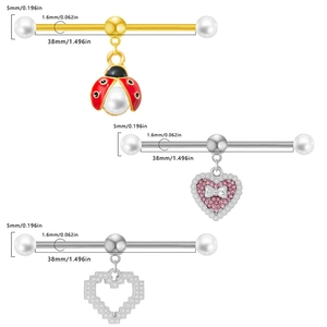 Three surgical steel heart industrial barbell earrings with ladybug and pearl charms