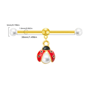 Industrial barbell with gold ladybug pendant and white pearl beads on 38mm shaft