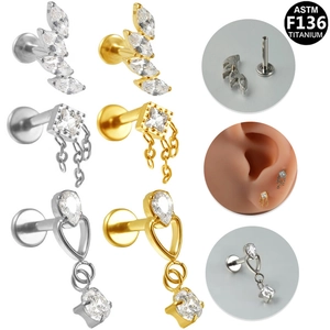 ASTM F136 Titanium Zirconia Internally Threaded Labret Lip Ring For Women Men Tassel Chain Heart Leaf Piercing Jewelry
