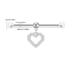 Macro view of 38mm industrial barbell showing pink pixel heart and pearl inlay details