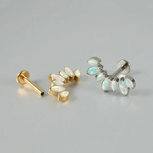 Titanium flat back stud earrings with marquise opal stones in gold and silver plating