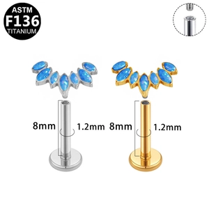 F136 titanium threaded studs with blue fan-shaped opal in gold and silver finishes