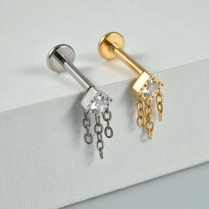Titanium flat back stud earrings with square zircon and three tassel chains in gold and silver