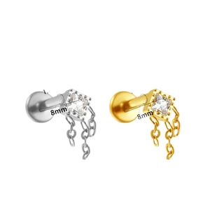G23 titanium labret stud with square zircon and triple tassel chains in silver and gold