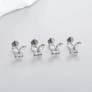 F136 titanium butterfly stud earrings with zircon stones and flat back labret pins