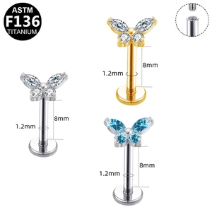 ASTM F136 titanium butterfly labret studs with cubic zirconia and internal thread