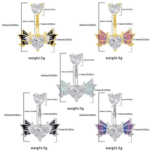 Piercings de nombril ailes de cœur en diverses couleurs avec incrustation de zircone