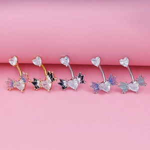 Piercings de nombril cœur avec ailes en cinq styles de zircons colorés et acier inoxydable