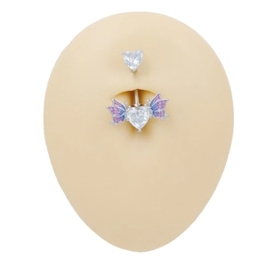 Piercing de nombril en acier avec cœur en cristal et ailes de papillon violettes