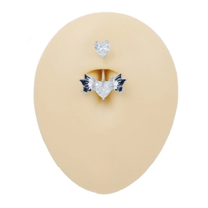 Piercing de nombril coeur ailé tendance en métal argenté et zircons transparents