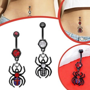 Vintage Punk Black Spider Navel Ring Gothic Zinc Alloy Rhinestone Dangle Belly Button Ring Halloween Body Jewelry For Women