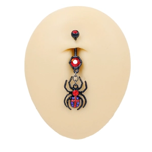 Gothic black spider navel ring with colorful crystals and red gems for Halloween style