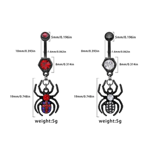 Detailed view of punk spider belly rings with dimensions and vibrant rhinestone inlays