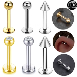 ASTM F136 Titanium Labret Stud Lipring Interne Schroefdraad Piercing Sieraden Goud Zilver Bal Kegel Strass Top Oorknopjes