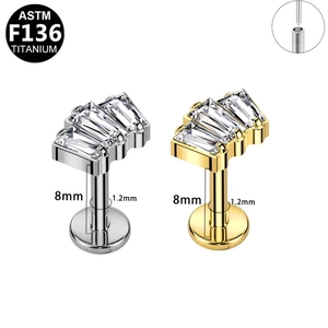 G23 Titanium labret studs met rechthoekige zirkoonstenen in zilver- en goudkleur