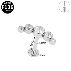 Details van G23 titanium labret met 5-steens zirkoon verloop en maten van 8mm x 1.2mm