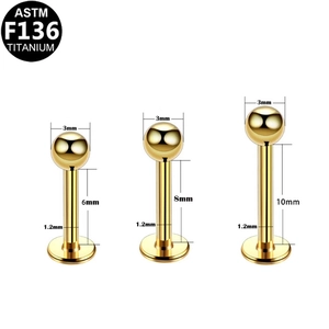 Drie G23 titanium labret studs in 18K goud met lengtes van 6mm 8mm en 10mm getoond