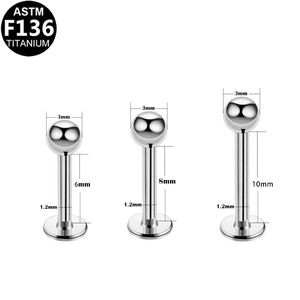Detail van F136 titanium labret piercings in de lengtes 6 mm, 8 mm en 10 mm