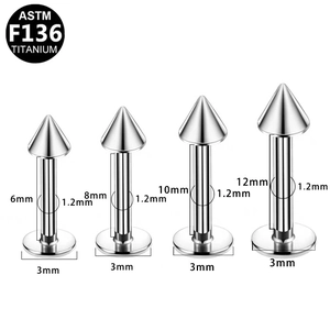 F136 Titanium labret piercingset met spikes in 6mm tot 12mm lengte opties