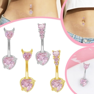 Pink Heart Zirconia Belly Ring Devil Horn Star Stainless Steel Curved Bar Navel Piercing Jewelry For Women