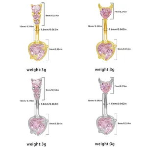 Size chart for pink heart belly button rings with devil horns and triple heart designs